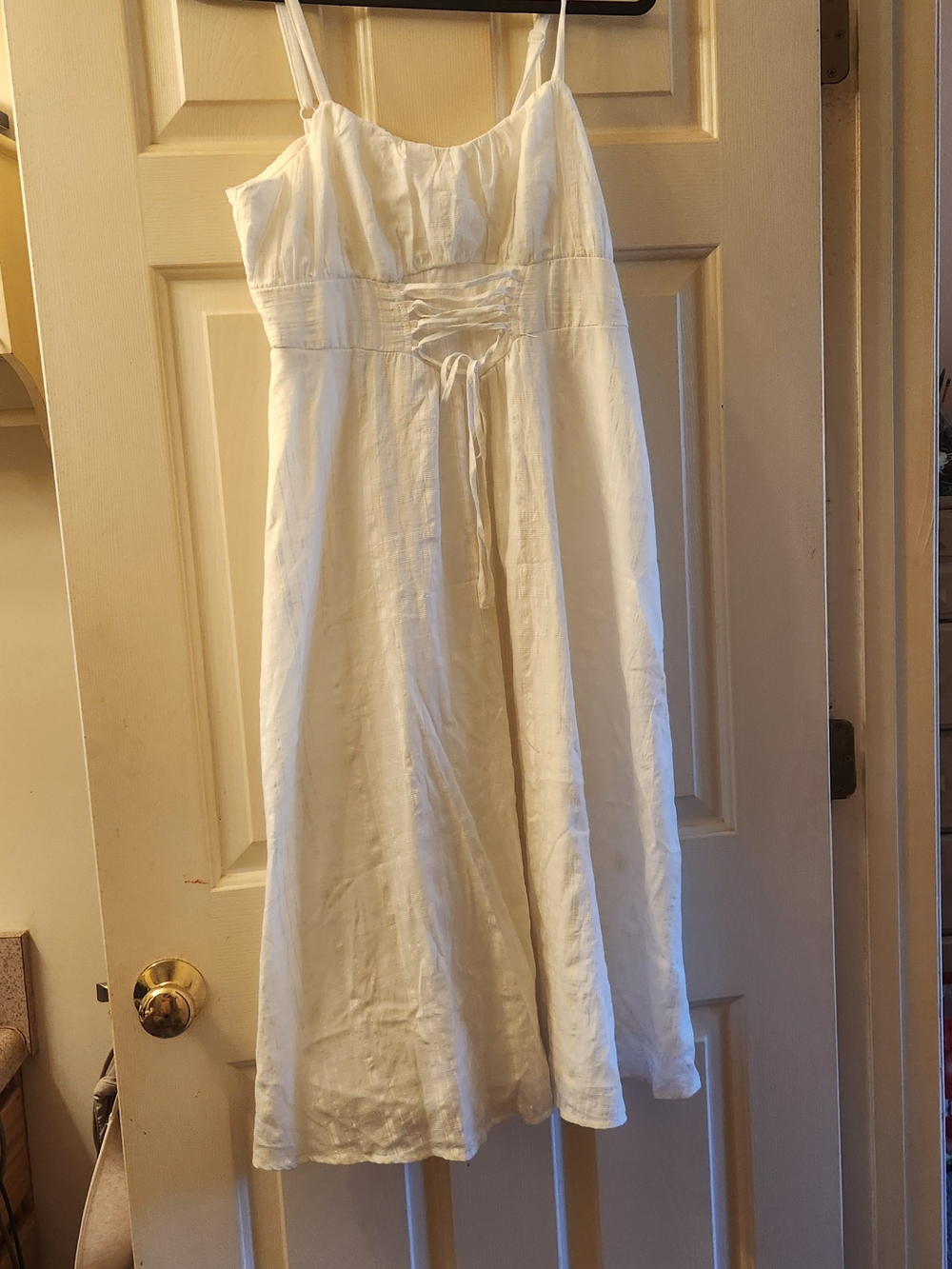 Women's White Lace-Up Waist Spaghetti Strap Midi Dress
